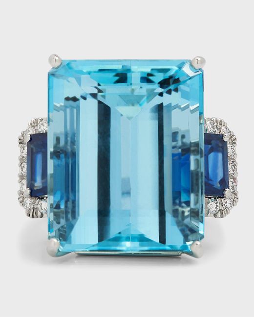 Oscar Heyman Blue Platinum Aquamarine, Sapphire And Diamond Ring, Size 6.5
