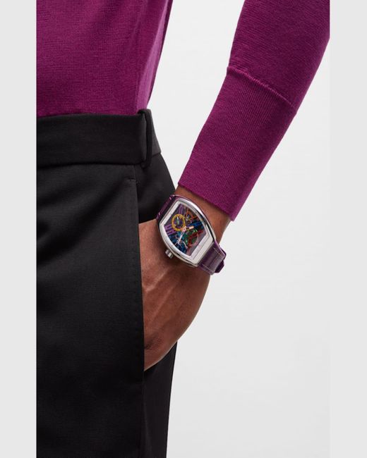 Franck Muller Pink Stainless Steel Vanguard Color Dreams Skeleton Watch With Purple Strap for men