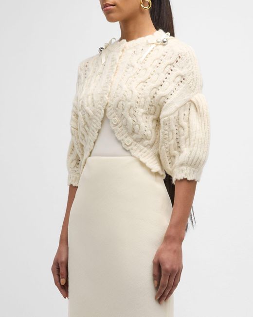 Simone Rocha Natural Beaded Bell Charm Lace Stitch Chunky Knit Crop Cardigan