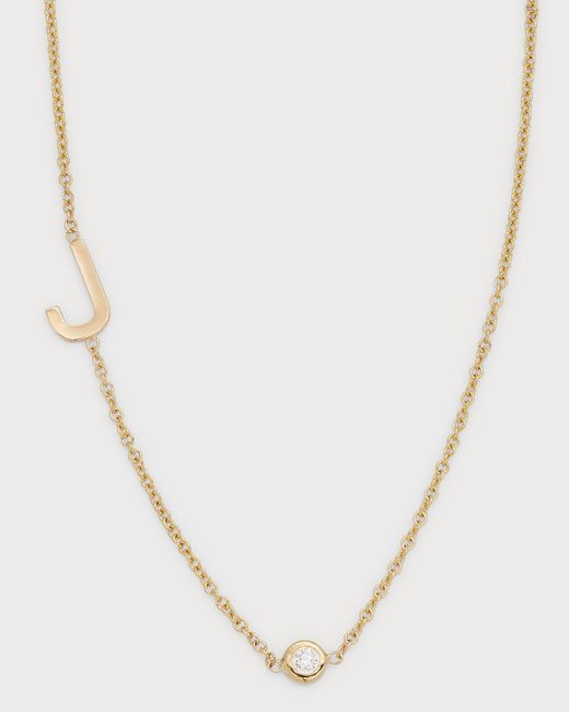 Zoe Lev Natural 14k Gold Asymmetrical Initial And Bezel Diamond Necklace