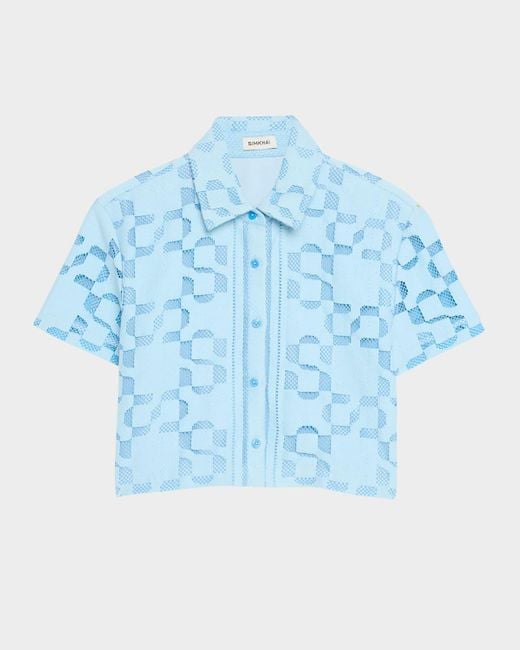 Jonathan Simkhai Blue Makaia Logo Cropped Short-Sleeve Shirt