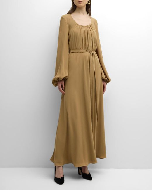 Chloé Natural X Atelier Jolie Scoop-Neck Long-Sleeve Belted Silk Maxi Dress