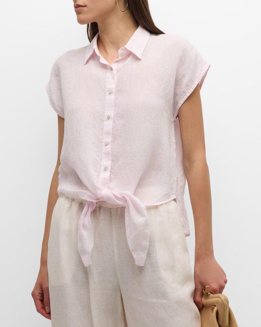 120% Lino Pink Tie-Front Button-Down Linen Shirt