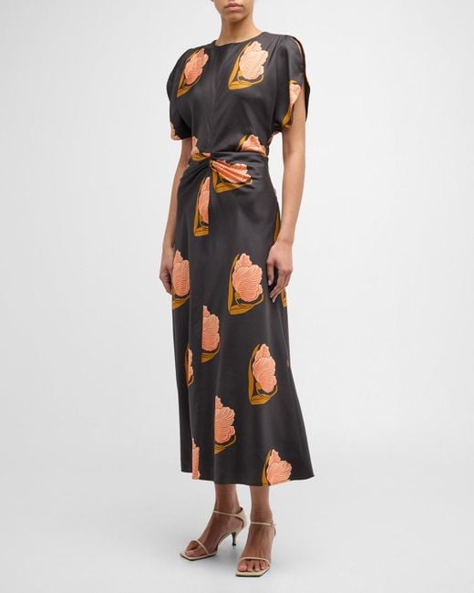Oroton Black Ruched Split-Sleeve Floral-Print Midi Dress