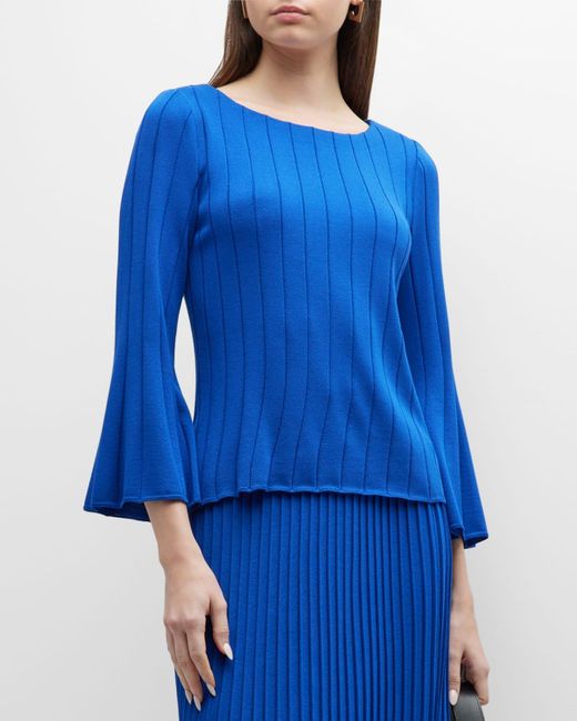 Misook Blue Bell-Sleeve Ribbed Scoop-Neck Tunic