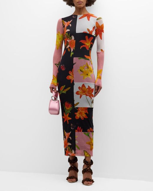 Fuzzi Multicolor Floral Patchwork-Print Tulle Maxi Dress