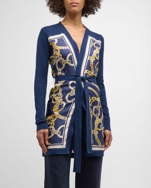 L'Agence Blue Beverly Silk Panel Cardigan