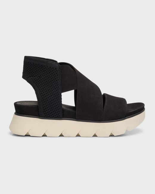 Eileen Fisher Black Chant Sporty Leather Wedge Sandals