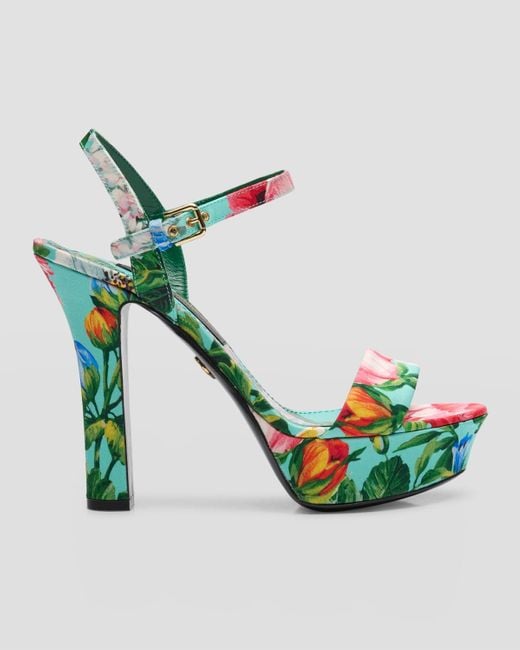 Dolce & Gabbana Green Floral Silk Ankle-Strap Platform Sandals