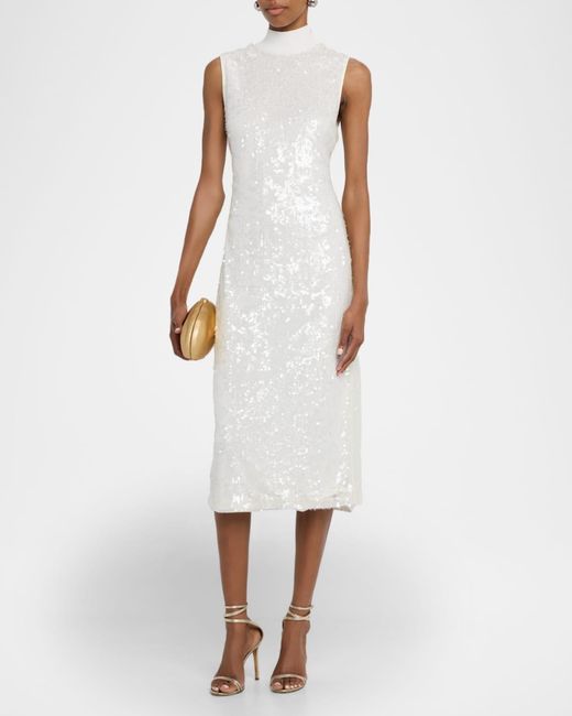 Ramy Brook Catherine Mock-Neck Sequin Knit Midi Dress in White