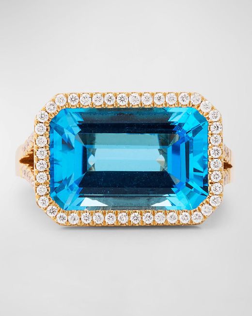 Goshwara Blue 18K Gossip East-West Emerald Cut Topaz Statement Ring With Diamonds
