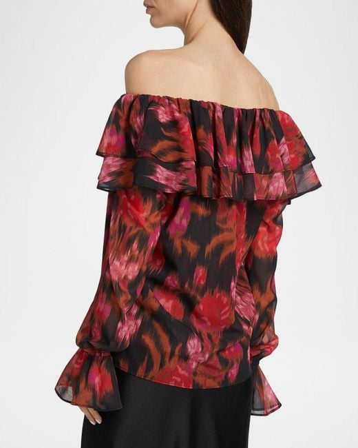 MISA Los Angles Red Patsy Floral Chiffon Off-Shoulder Top