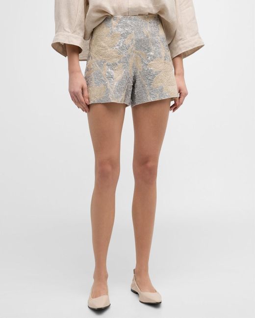 Brunello Cucinelli Gray Paillette Magnolia Embroidered Linen Shorts