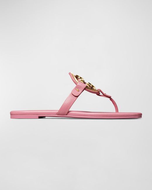 Tory Burch Pink Miller Leather Medallion Flat Thong Sandals