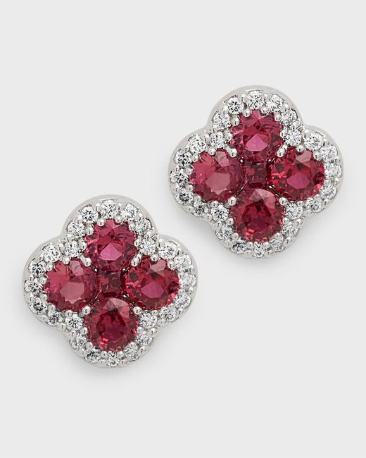 Neiman Marcus Red 18k Ruby And Diamond Flower Stud Earrings