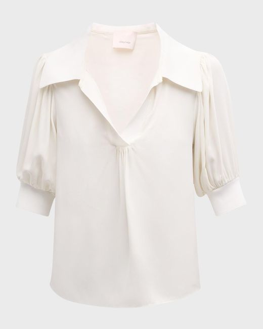 Cinq À Sept White Weldon Collared V-Neck Short-Sleeve Silk Combo Top