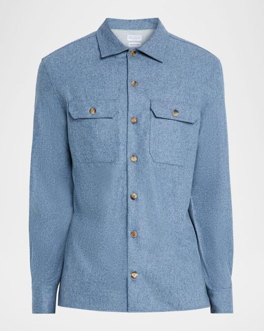 Brunello Cucinelli Blue Carded Flannel Overshirt for men