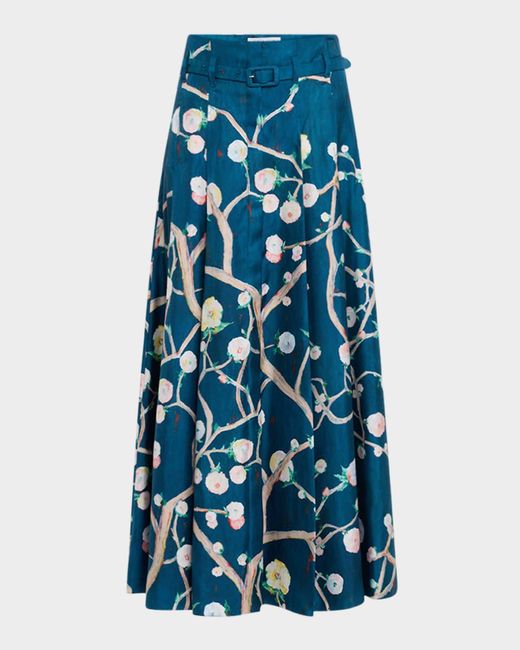 Gabriela Hearst Blue Dugald Floral Pleated Ankle Skirt With Belt