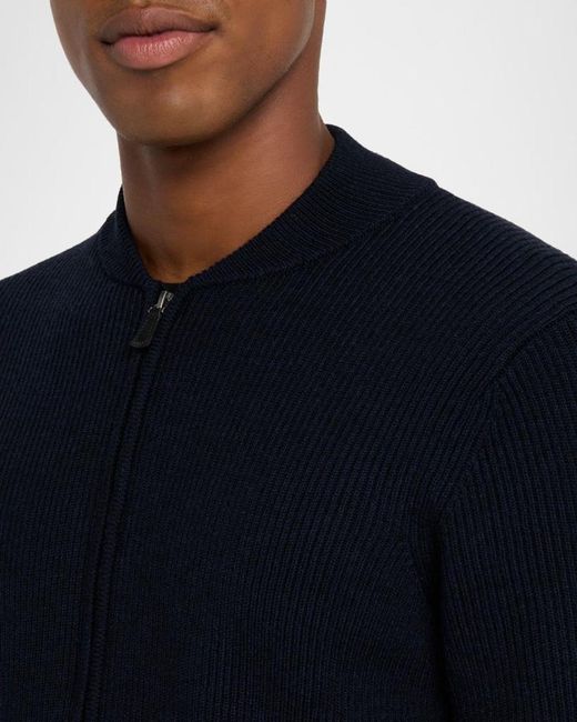 Neiman Marcus Blue Apos;Merino Wool Rib Full-Zip Sweater for men