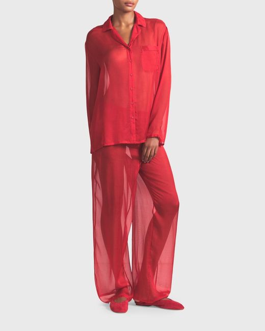Skims Red Button-Down Sheer Silk Lounge Set