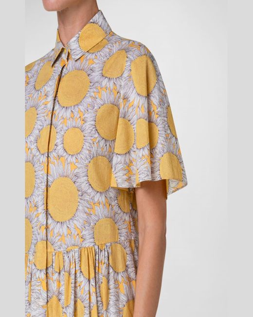 Akris Punto Metallic Hello Sunshine-Print Flutter-Sleeve Cotton Batist Midi Shirtdress