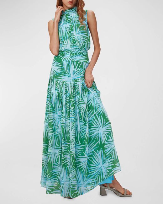 Diane von Furstenberg Blue Menon Botanical-Print Mock-Neck Maxi Dress
