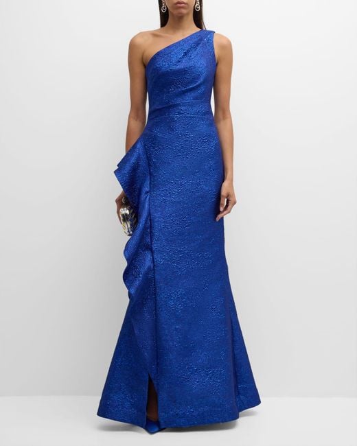 Teri Jon Blue One-Shoulder Ruffle Metallic Jacquard Gown