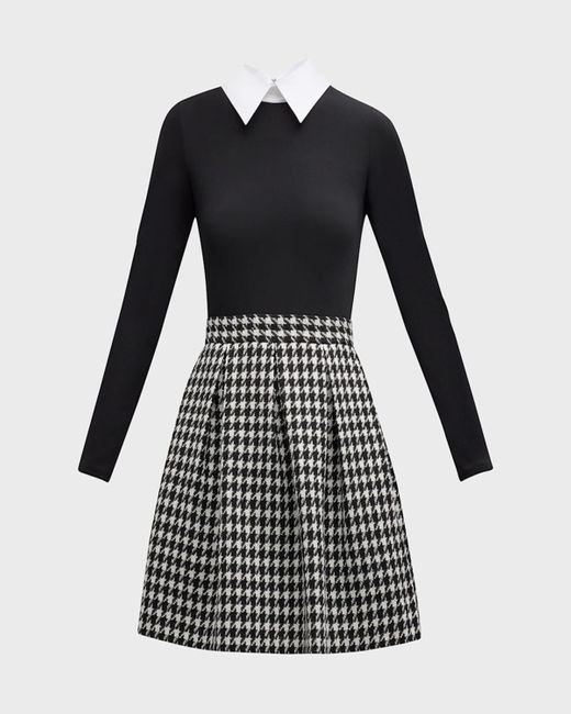 Alice + Olivia Black Chara Long-Sleeve Pleated Mini Dress With Collar