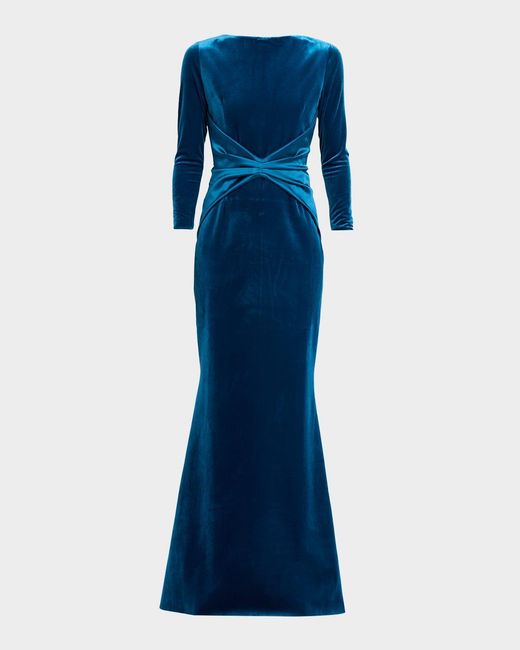 La Petite Robe Di Chiara Boni Blue Jaslette Satin-Embellished Velvet Mermaid Gown