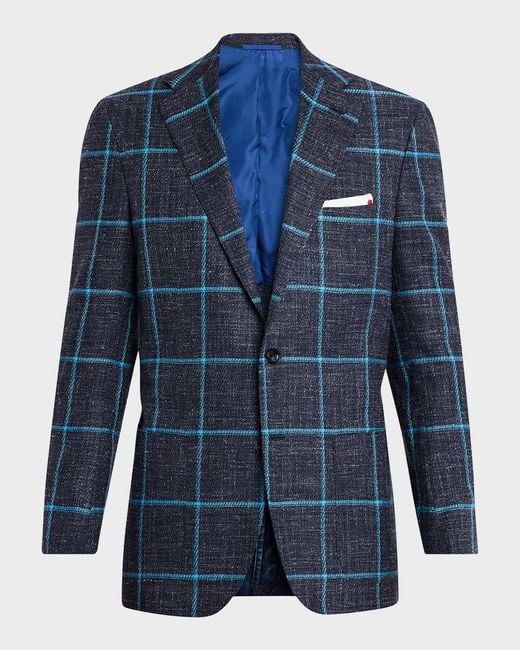 Kiton Blue Apos;S Windowpane Cashmere, Wool And Silk Sport Coat for men
