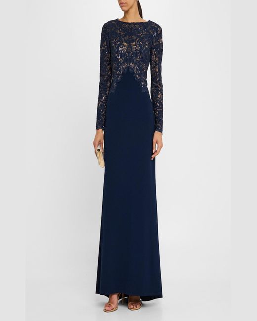 Tadashi Shoji Blue A-Line Crepe & Sequin Lace Gown