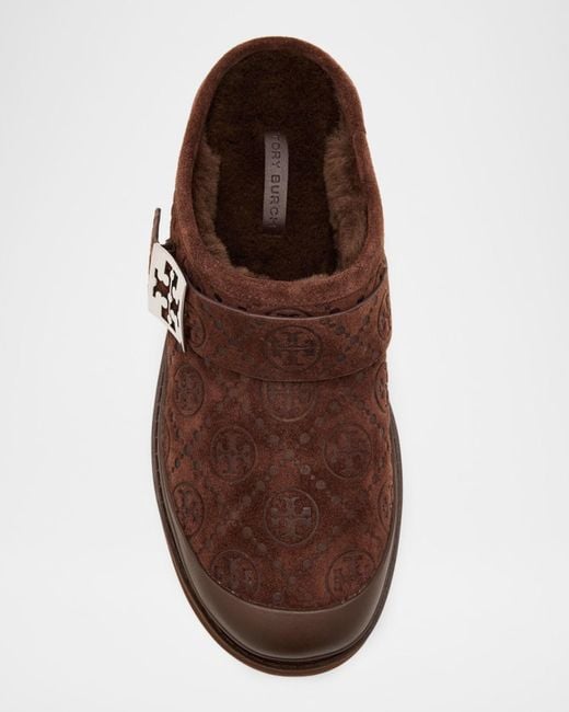 Tory Burch Brown Mellow Shearling Platform T Monogram Mules