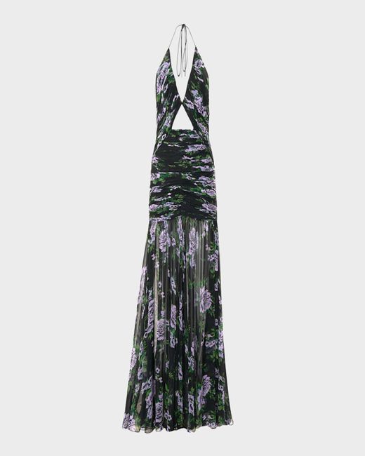 Carolina Herrera Black Floral-Print Cutout Ruched Chiffon Halter Gown