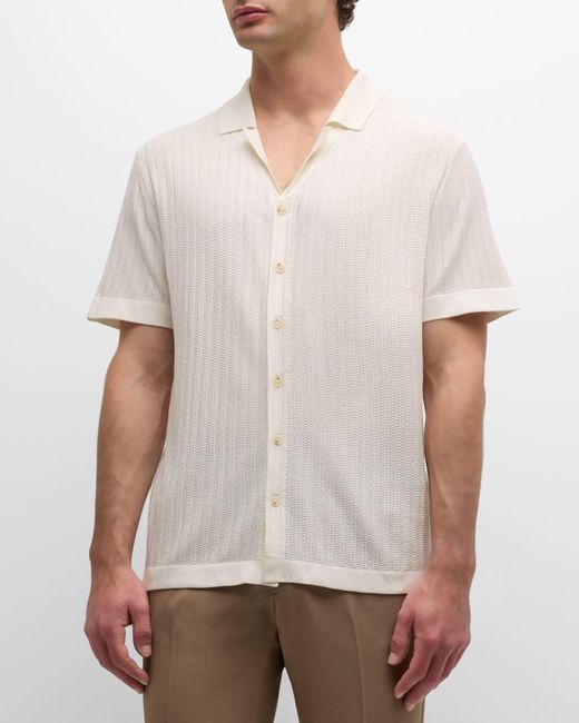 Boss White Textured Silk Short-Sleeve Knit Button-Front Shirt for men