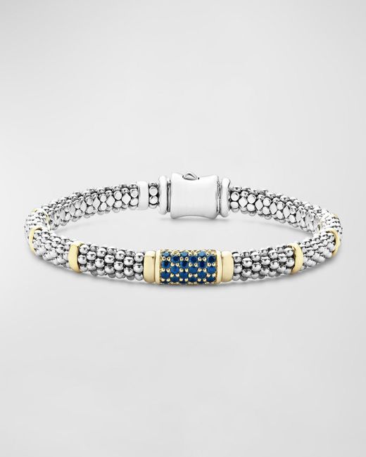 Lagos Metallic 18k Gold Station And Sterling Silver Caviar Bead Bracelet With Pavé Station Of Blue Sapphires