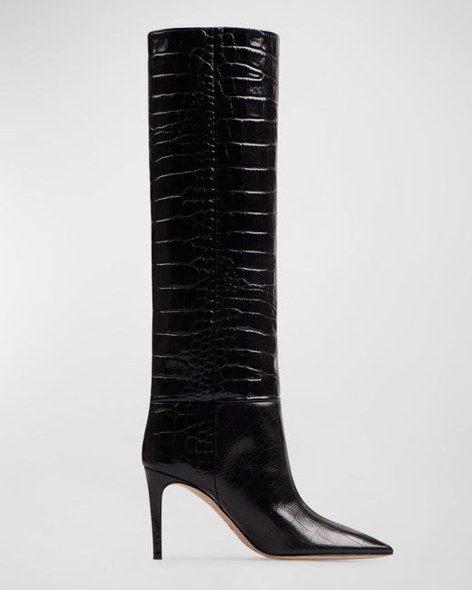 Paris Texas Black 85mm Mock-croc Stiletto Knee Boots
