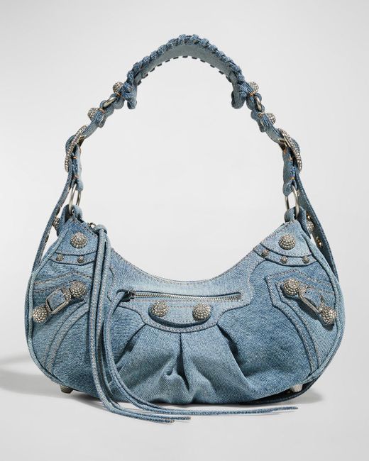 Balenciaga Blue Le Cagole Small Denim Shoulder Bag With Rhinestones