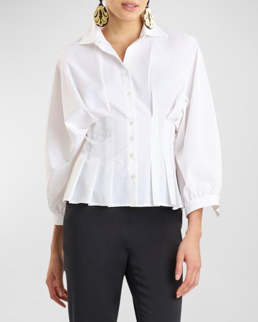 Natori White Pleated Peplum Techno Poplin Shirt