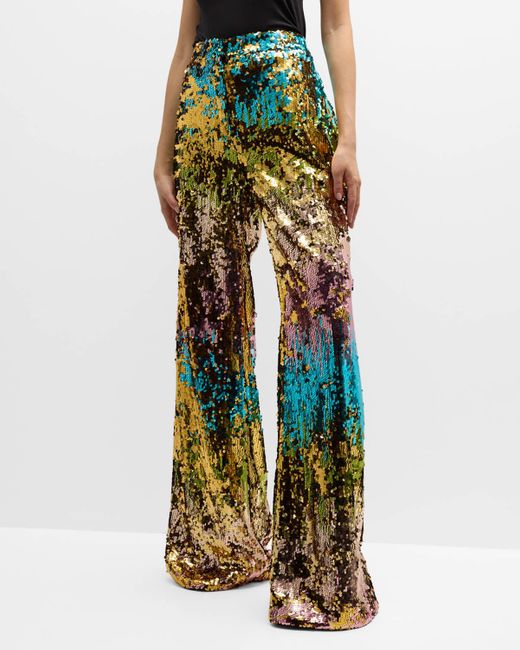 Halpern Multicolor Sequin Embellished Stovepipe Flare-leg Trousers