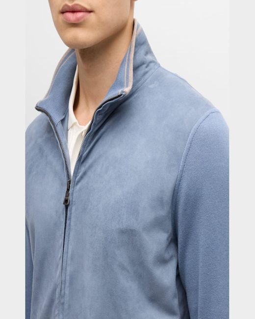 FIORONI CASHMERE Blue Suede Knit Full-Zip Bomber Jacket for men