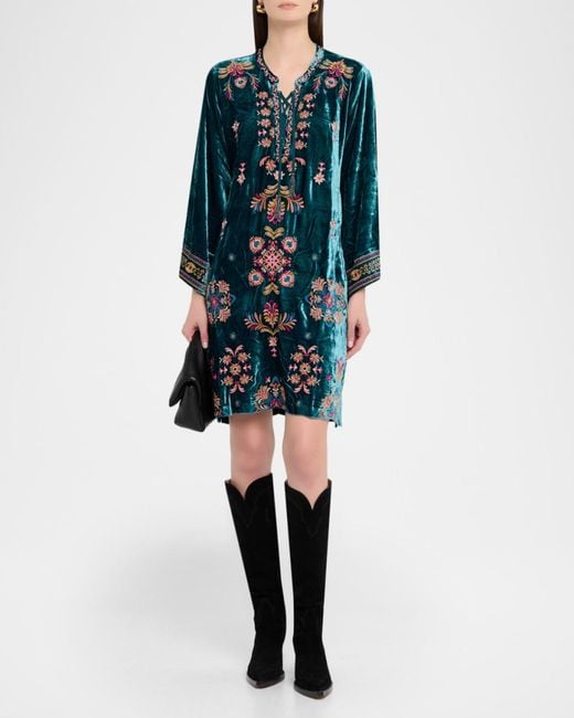 Johnny Was Embroidered Lace-Up Velvet Mini Dress in Blue | Lyst