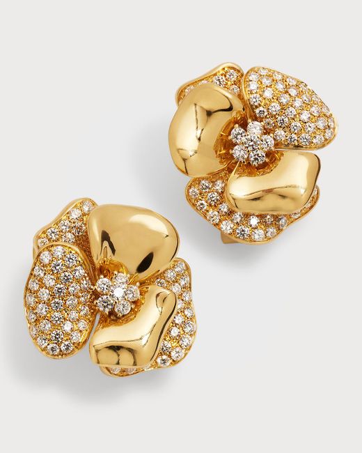 Leo Pizzo Metallic 18k Yellow Gold Diamond Flower Omega Clip Earrings