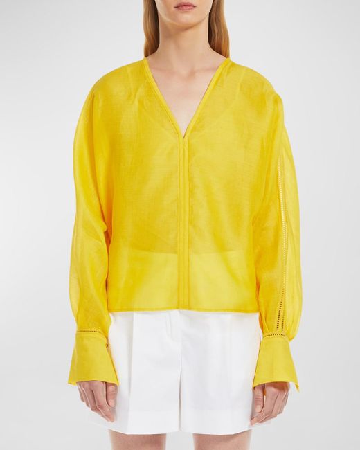 Max Mara Studio Yellow Leccio Lace-trim Ramie Gauze Shirt
