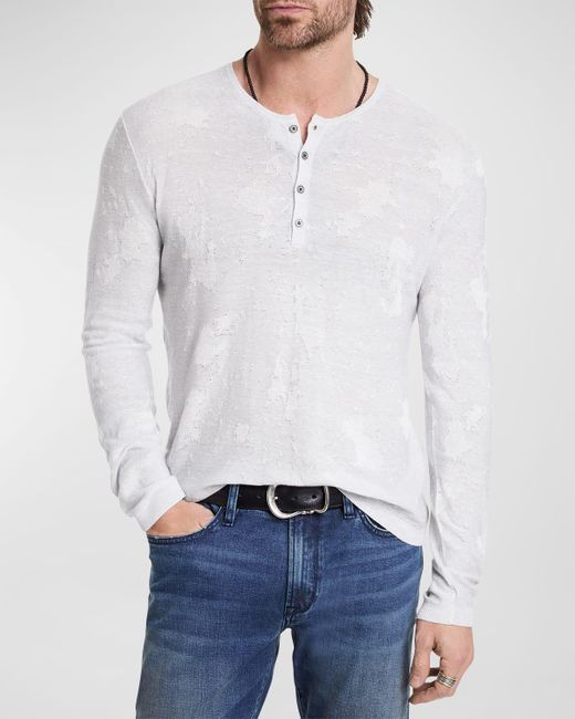 John Varvatos White Distressed Jacquard Henley Shirt for men