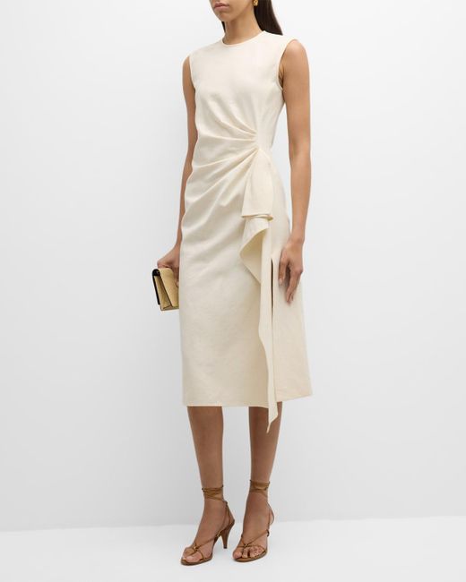 Mantu Natural Sleeveless Pleated Cotton-Linen Midi Dress