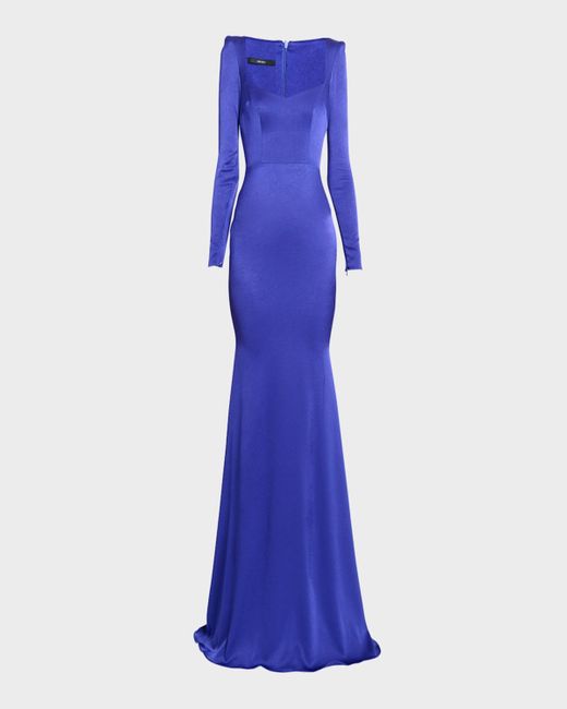 Alex Perry Blue Satin Crepe Angled Portrait Long-Sleeve Gown