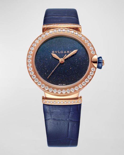 BVLGARI Lvcea 33mm Rose Gold Aventurine Watch With Diamonds And Blue Alligator Strap