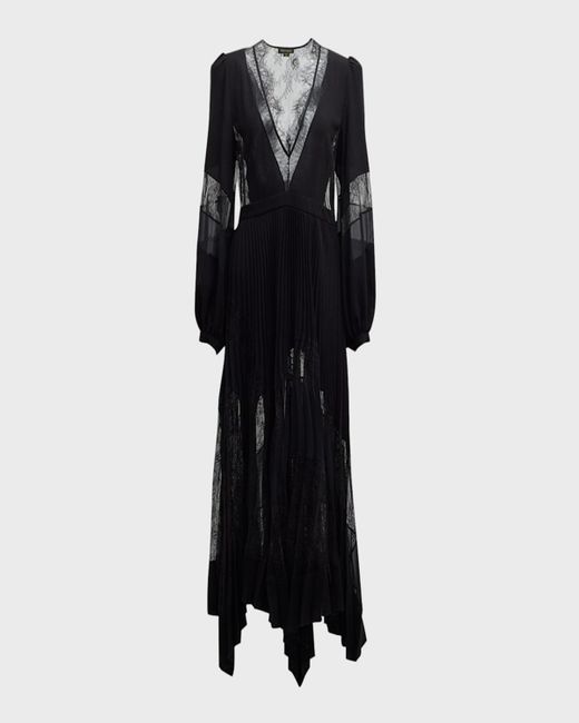 Zuhair Murad Black Plunging Long-Sleeve Plisse Crepe Chiffon Lace Asymmetrical Midi Dress