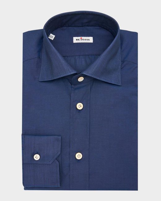Kiton Blue Cotton Point-Collar Dress Shirt for men