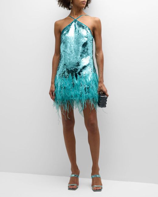 Cult Gaia Blue Solina Sequin And Feather Halter Mini Dress